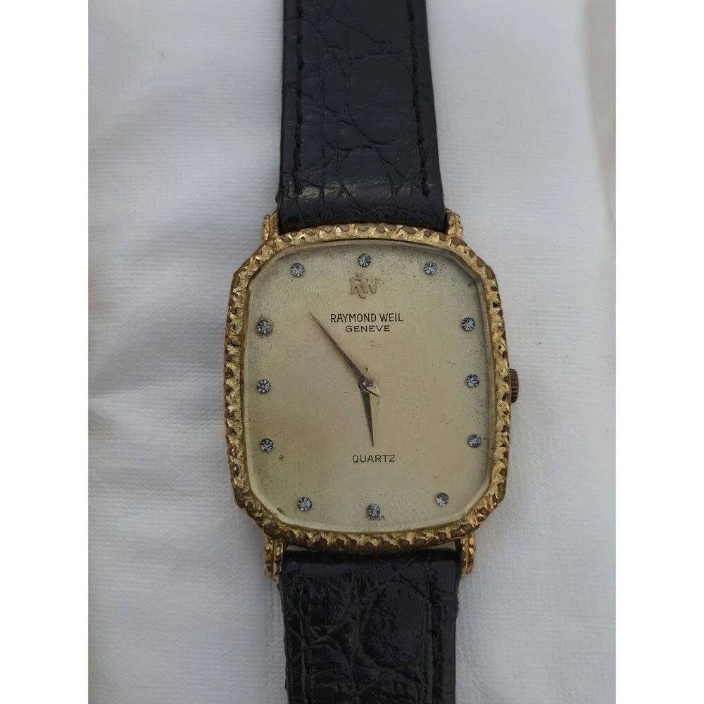 VTG Raymond Weil Geneve Champagne Watch 18K Gold Electroplated 9528 Rhinestone